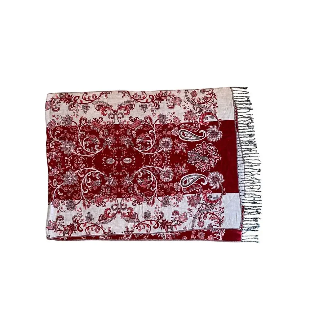 Large Burgundy, Tan Floral Wrap / Shawl / Scarf Fringe, Boho, 26 by 73
